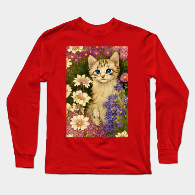 Kitten between flowers Long Sleeve T-Shirt by orange-teal